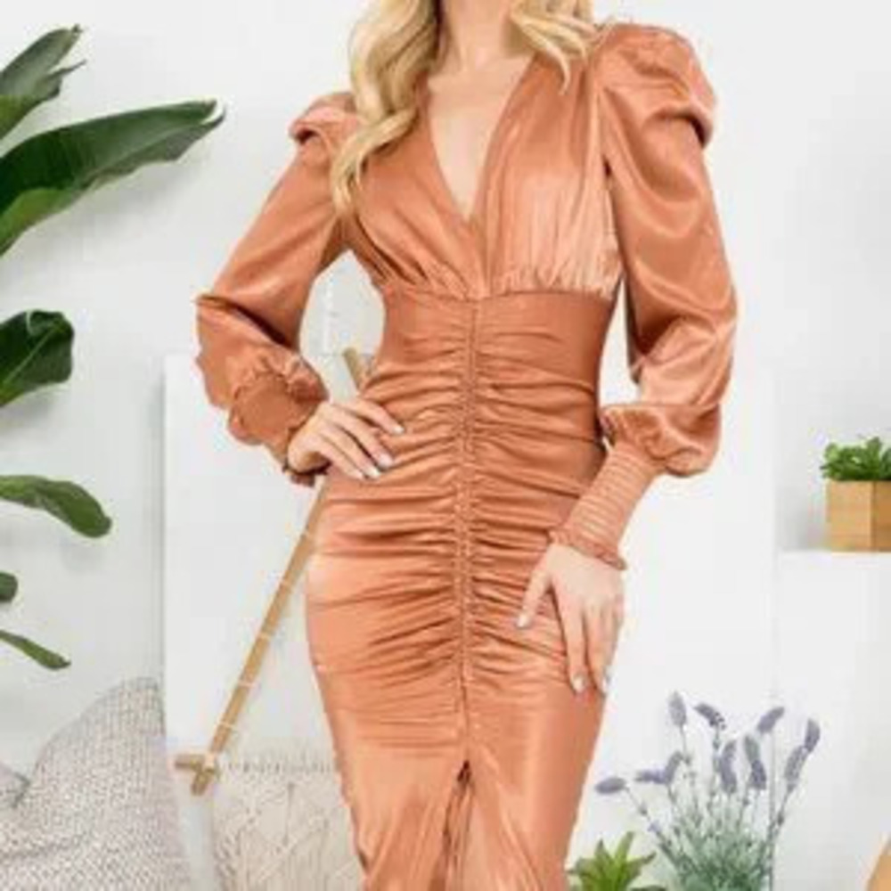 ZARA TAN SATIN BODYCON RUCHED LONG SLEEVED DRESS